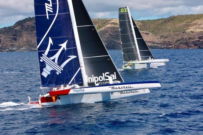 Battle of the MOD70s: Giovanni Soldini's Maserati (ITA) and Lloyd Thornburg's Phaedo3 (USA) © RORC / Tim Wright